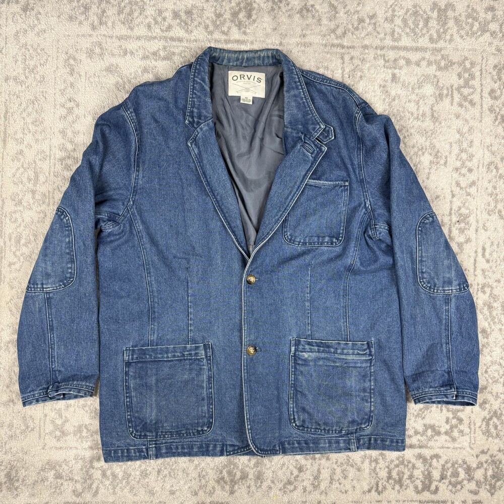 Orvis Mens Blue Denim Chore Coat Blazer Jacket Elbow Patches Workwear Size XL